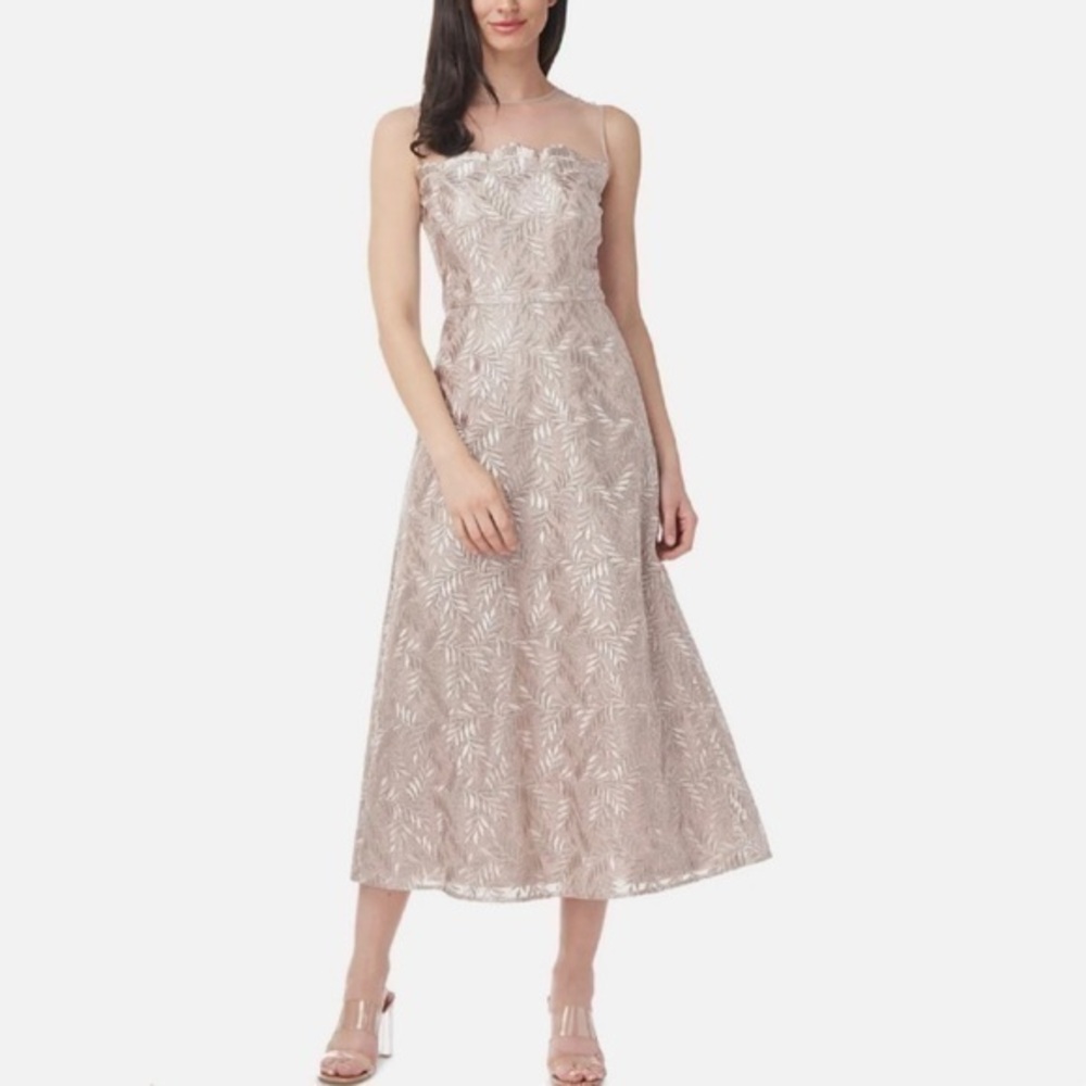 JS COLLECTIONS Rosie Embroidered Metallic Illusion Midi Cocktail Dress in Silver